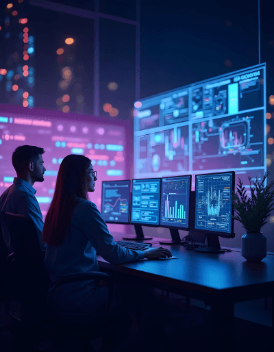 Team analyzing data dashboards to build and integrate tailored Generative AI solutions with business-focused outcomes