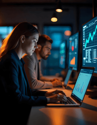 Professionals analyzing charts on multiple screens, highlighting data-driven business process optimization in action
