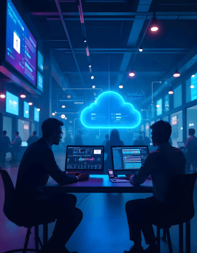 Team managing cloud operations at workstations with glowing cloud icon, symbolizing scalable cloud service solutions
