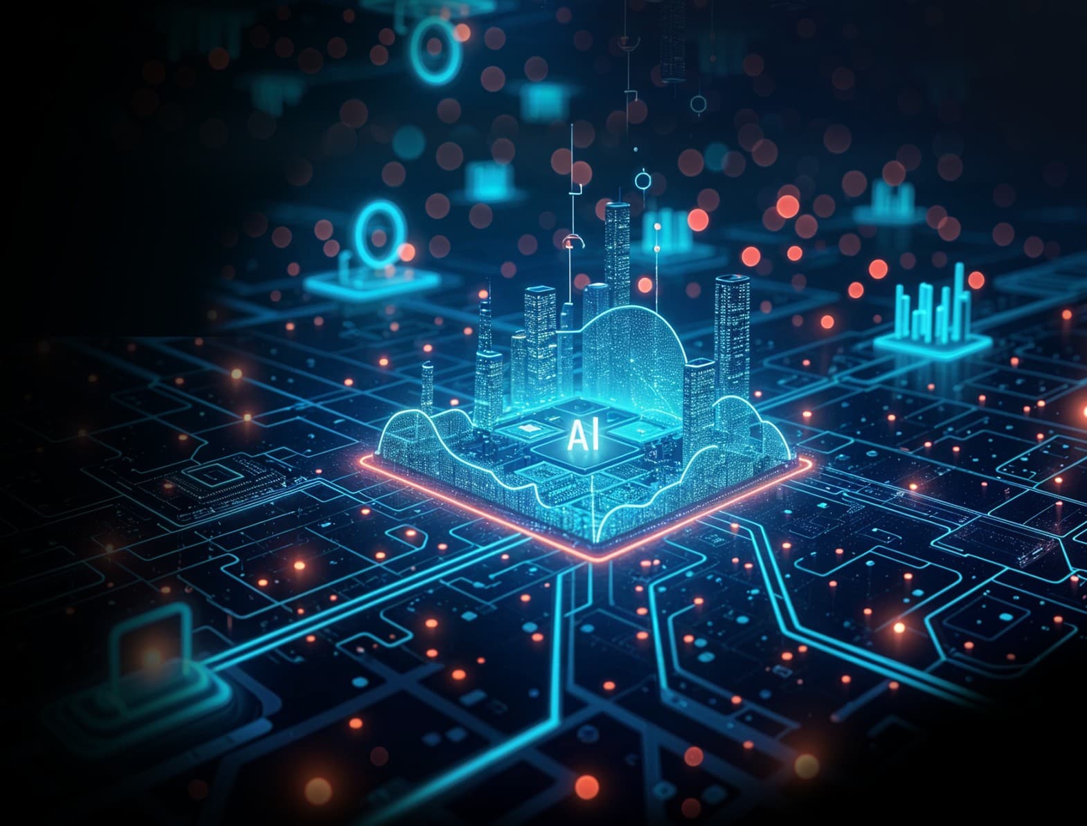 Digital Transformation services integrating AI and automation. A futuristic cityscape symbolizing business innovation, efficiency, and growth