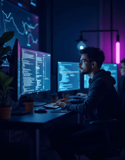 Developer working on digital transformation solutions using multi-screen dashboards for streamlined system integration