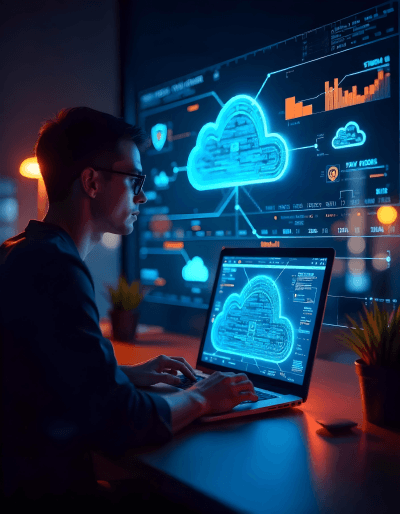 Engineer monitoring cloud infrastructure with secure digital dashboard, reflecting advanced cloud engineering practices