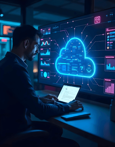 Professional analysing cloud architecture dashboards, representing a strategic approach to cloud engineering success