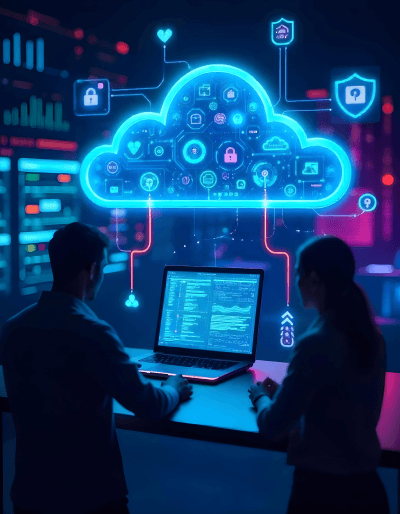 IT professionals managing cloud migration and strategy with futuristic interface showcasing secure cloud services