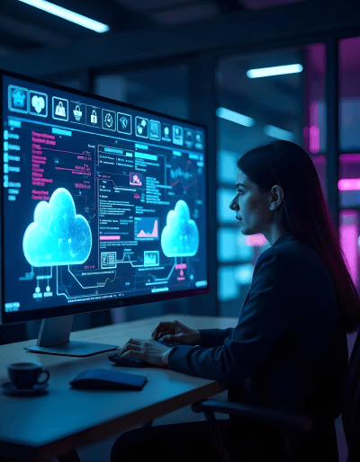 Woman monitoring cloud integration dashboards, showcasing secure and scalable multi-platform connectivity solutions