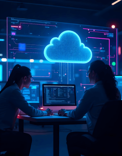 Two professionals developing a cloud integration strategy with holographic interface representing connected systems