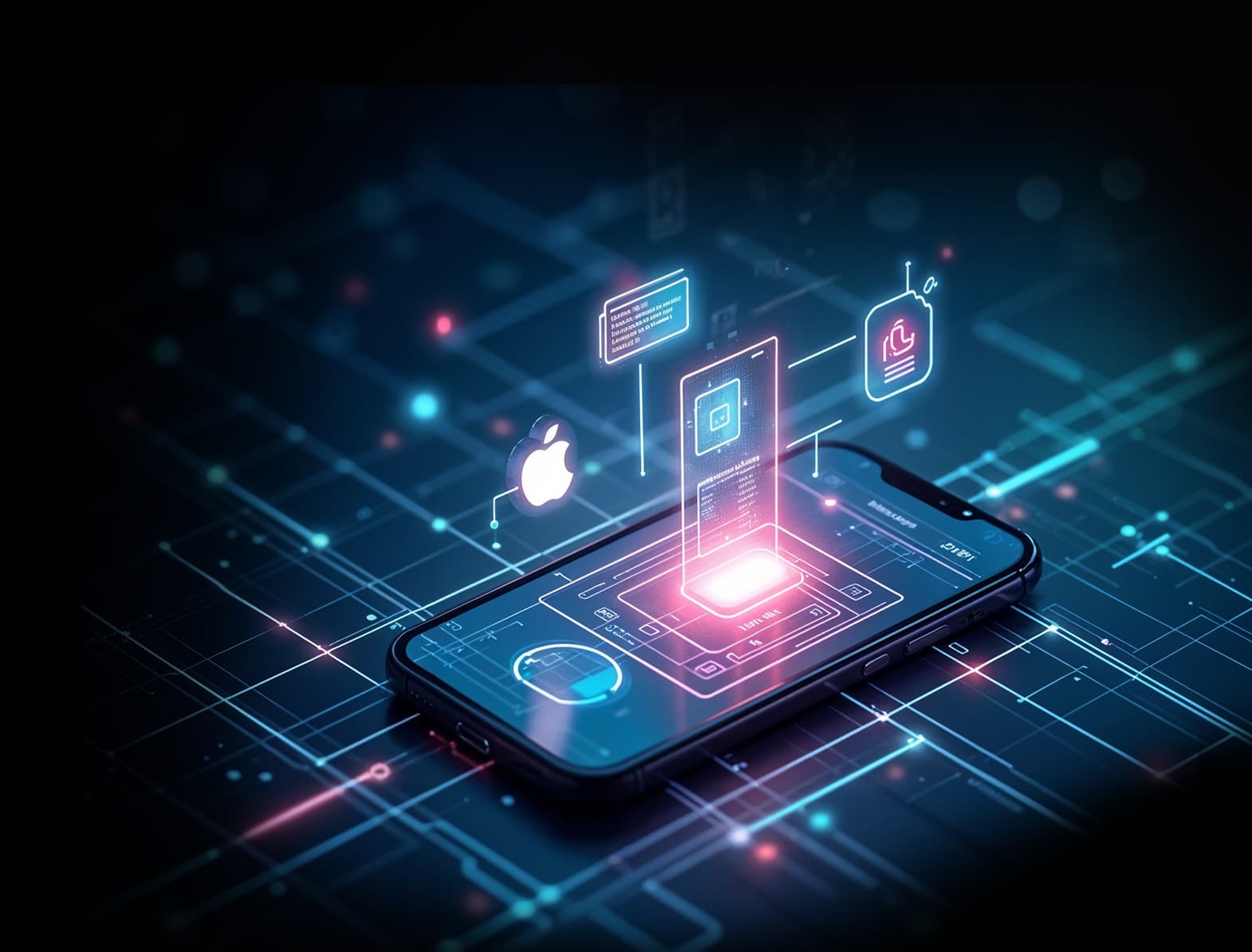 IoT Development for best connectivity. A smartphone with digital hologram representing smart device & data integration.