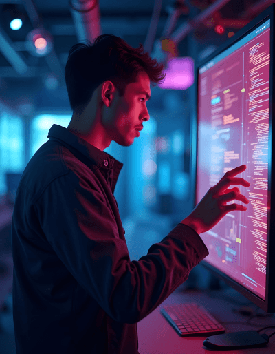 Engineer interacting with smart interface during IoT development, showcasing secure, connected, real-time analytics
