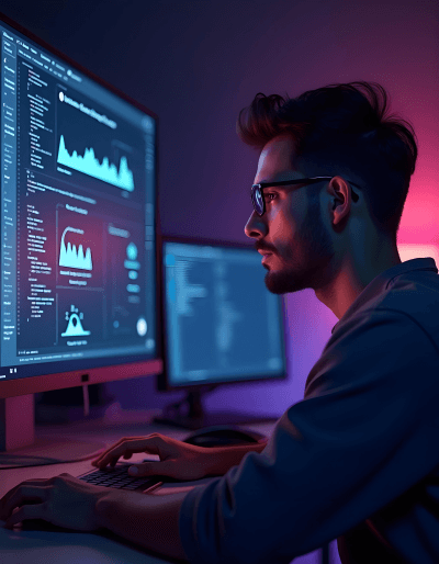 Engineer analysing IoT dashboards for scalable architecture, secure device integration, and system-wide optimization
