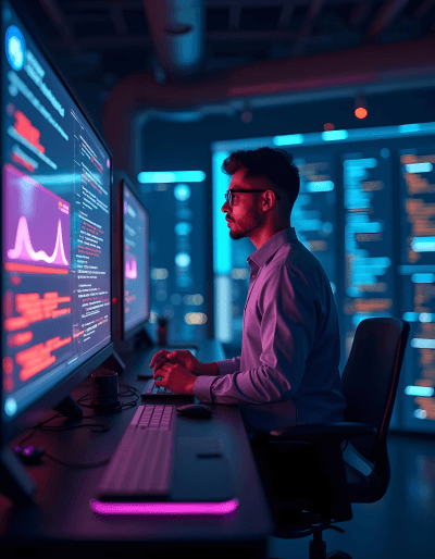 Engineer managing system migration and modernization with advanced data tools and cloud platform dashboards