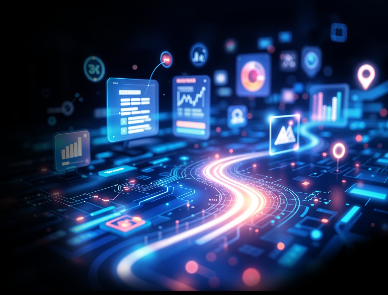 Strategy and consulting services for business growth. A futuristic roadmap with data insights guiding success.