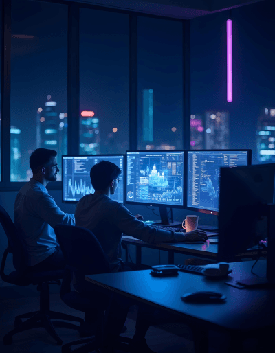 Tech innovators collaborating at a workspace, optimizing data flow to enterprise software development services.