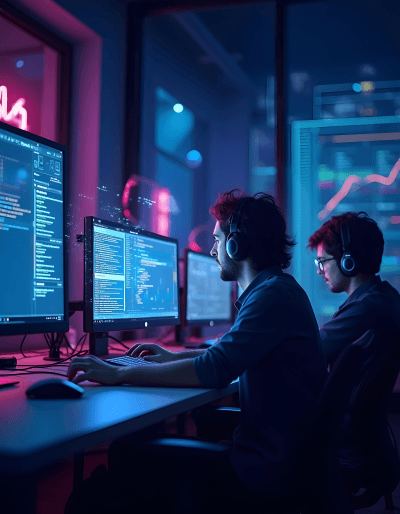 Focused tech specialists immersed in real-time analytics, streamlining enterprise software development services.