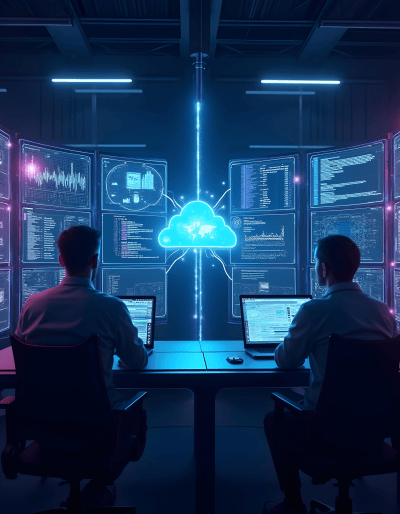 Developers collaborating on hybrid app development, building cross-platform solutions in a futuristic tech hub