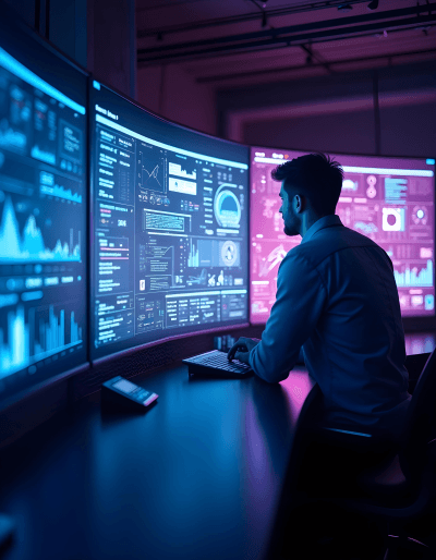 Developer managing hybrid app development lifecycle using analytics dashboards and multi-platform tools.