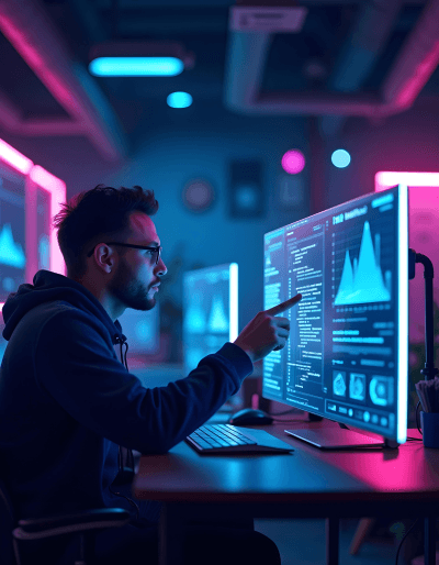 Tech specialist pointing at performance metrics on screen to deliver strategic IT consulting services.