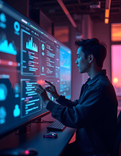 Professional analysing data dashboards, representing modern IT consulting services focused on business growth.