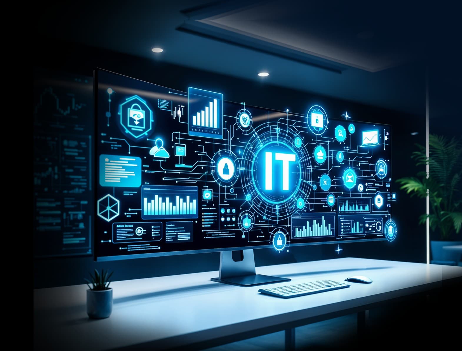 IT Consulting for digital transformation. A futuristic screen displaying analytics, cloud integration and IT solutions.