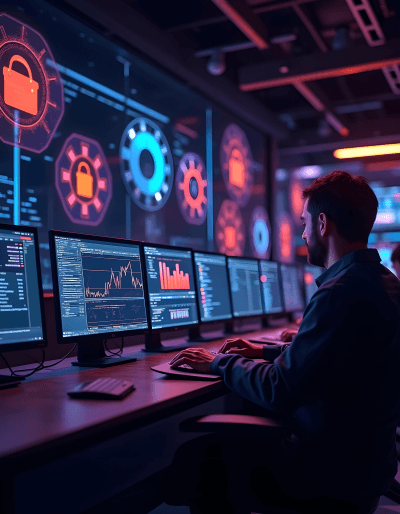 Tech expert managing intelligent systems in a secure setup delivering robotic process automation services.