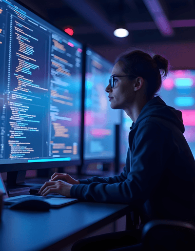 Engineer working on SaaS product development in a secure, high-tech environment focused on usability and performance