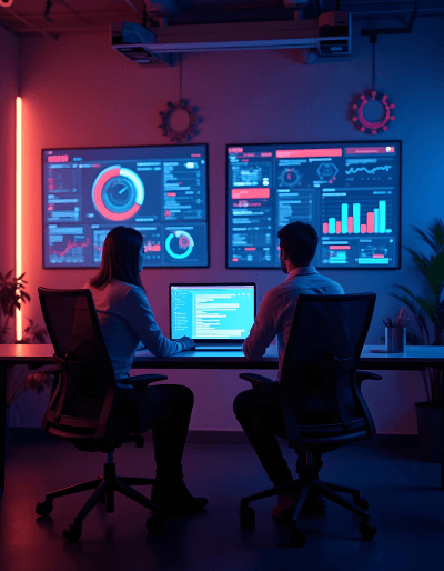 Two developers strategizing SaaS product development in a smart workspace, refining goals, security, and scalability