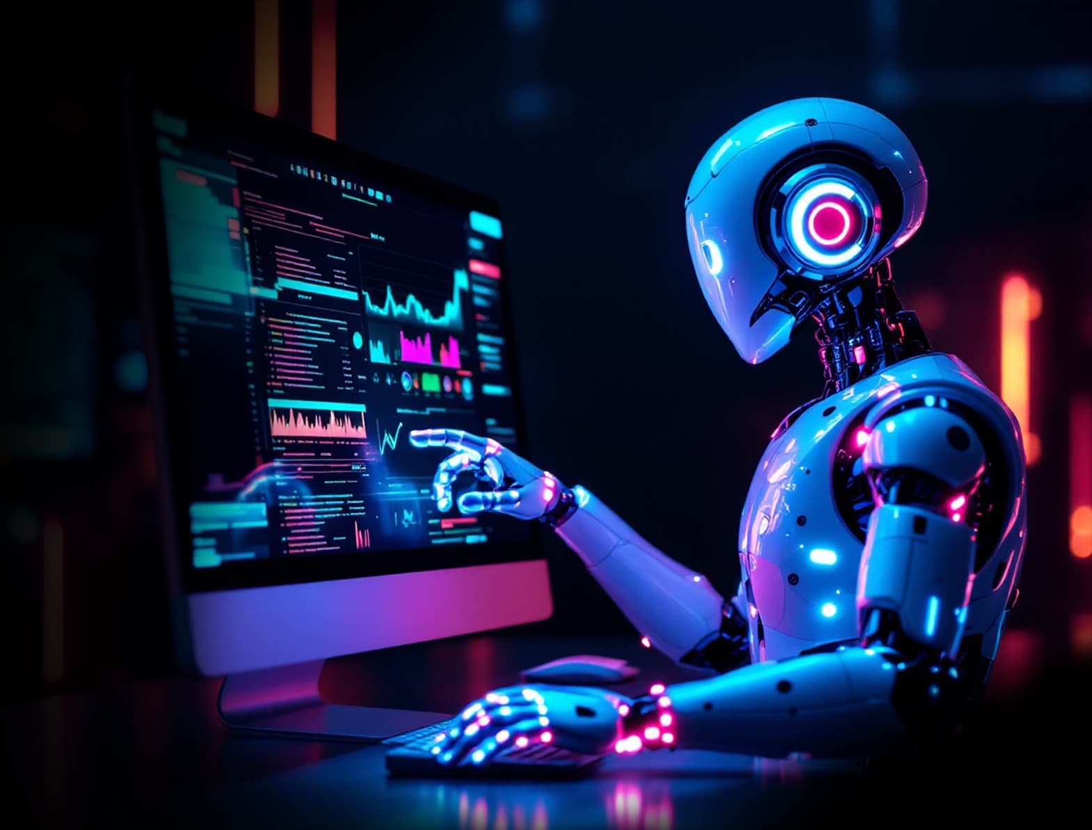 AI-driven RPA solution automating workflows with decision-making. A futuristic robot interacting with data analytics.