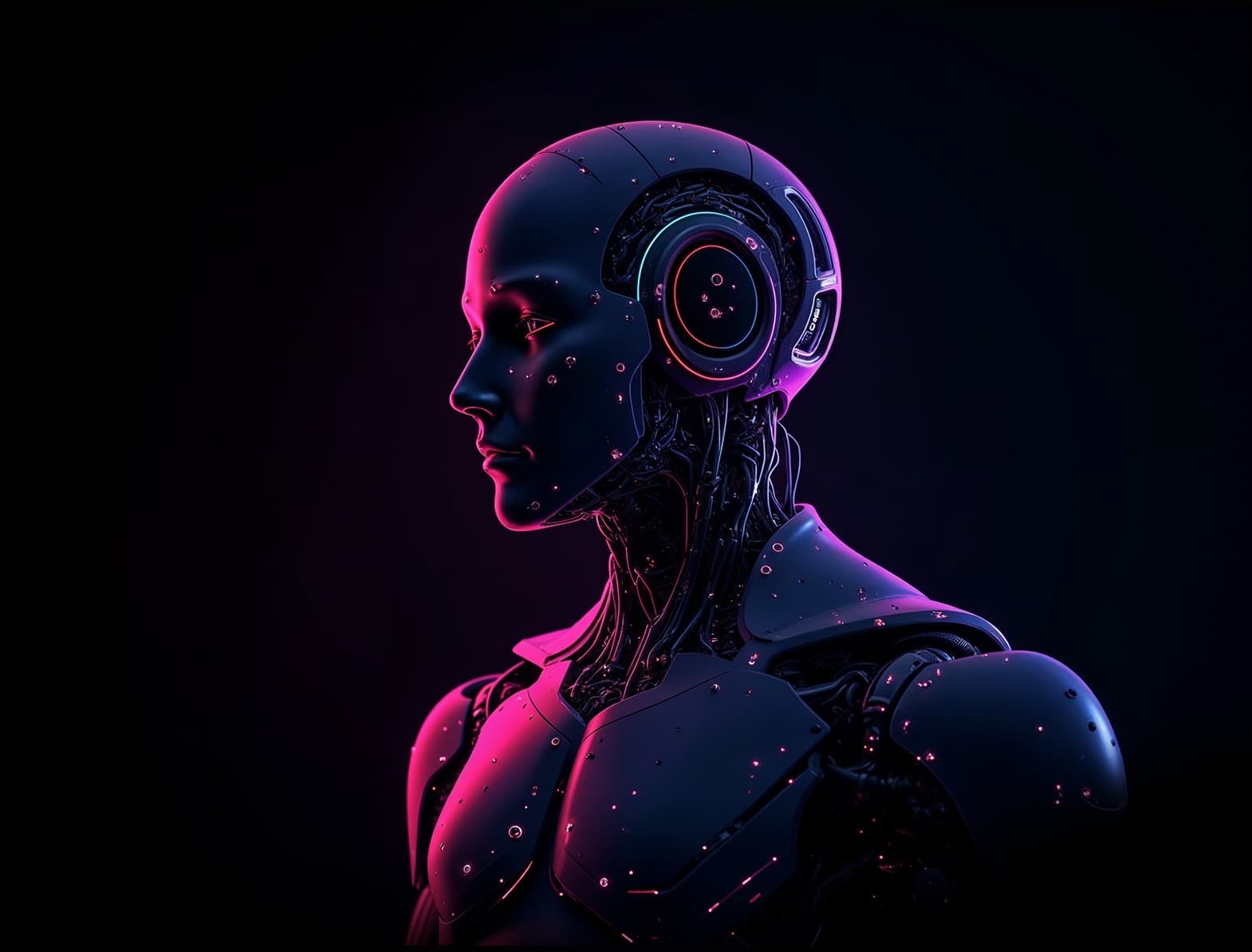 AI/ML solutions driving automation. A humanoid robot symbolizing data insights and optimized workflows.