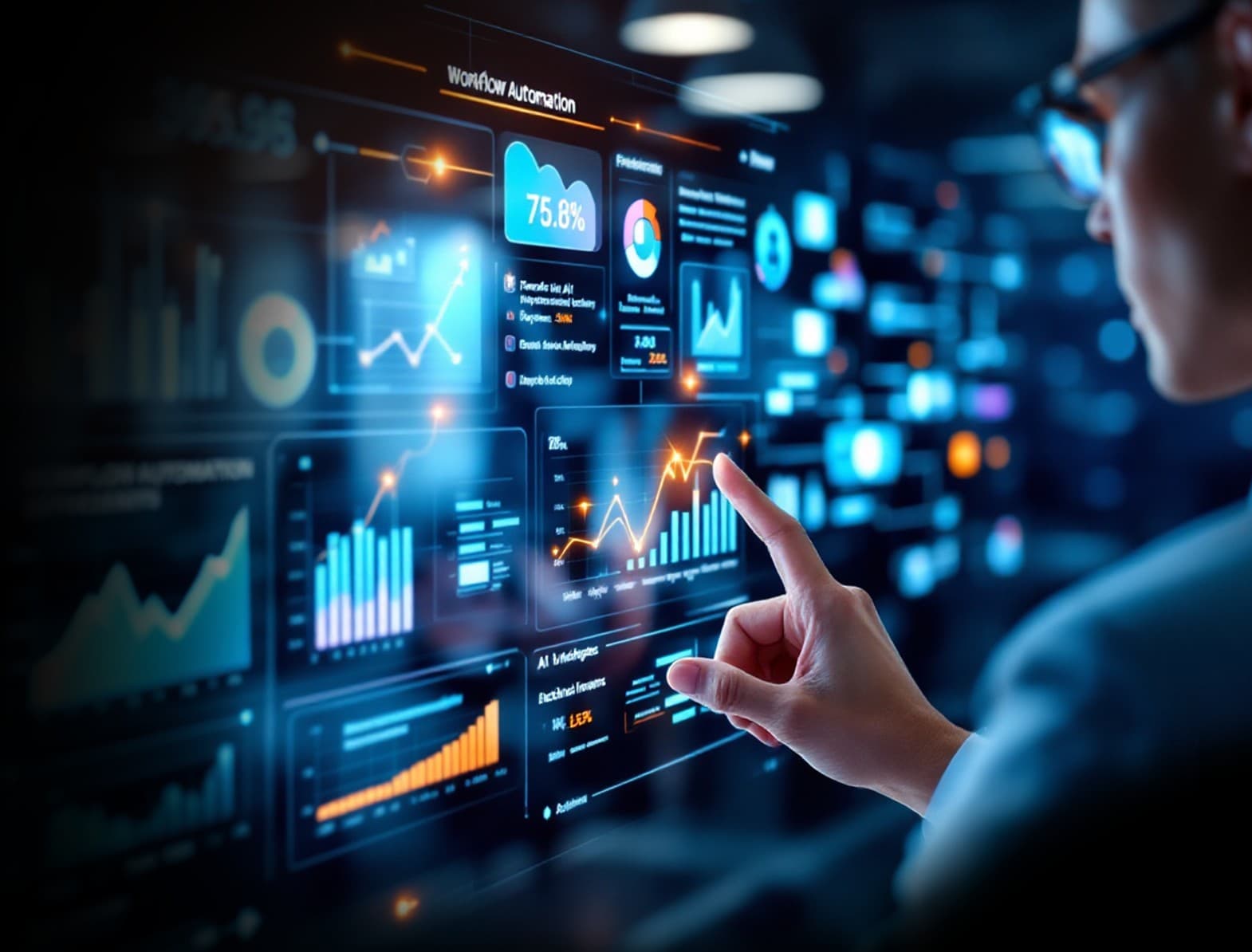 Business process optimization with data insights. A professional analyzing dashboards for automation and performance.