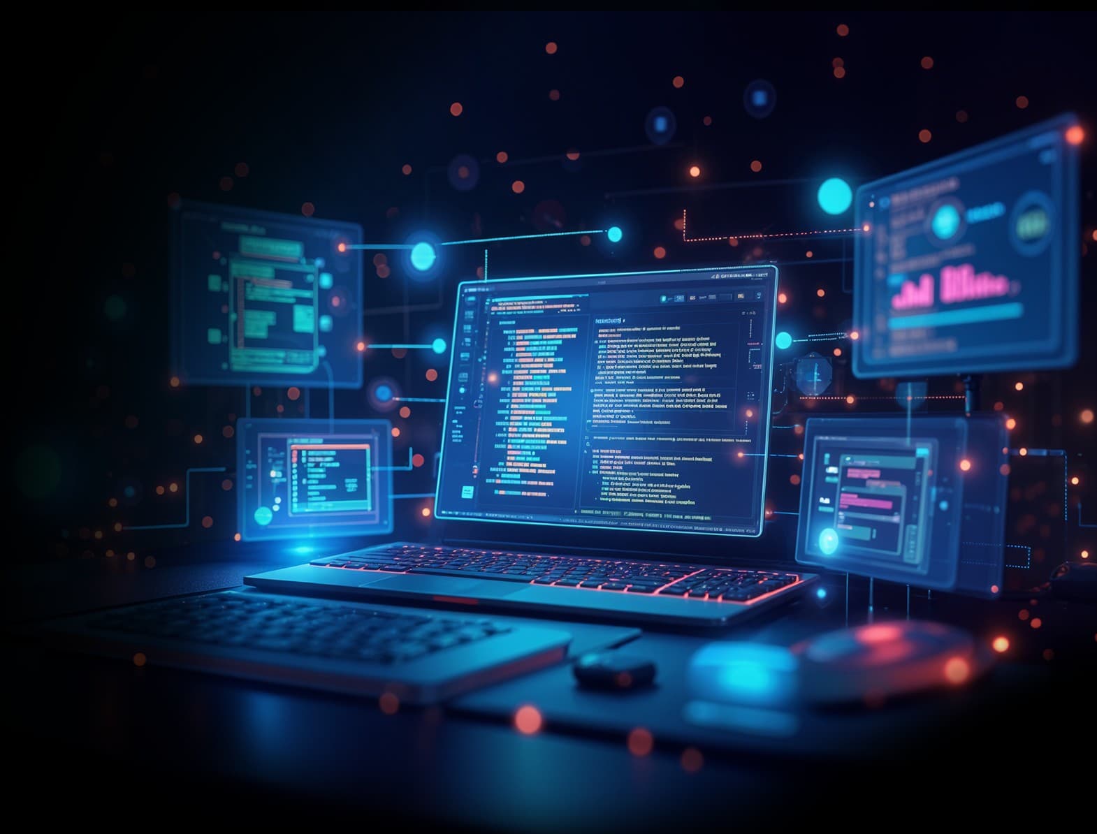 Custom software development for business efficiency, with software code on a laptop symbolizing innovation and growth.