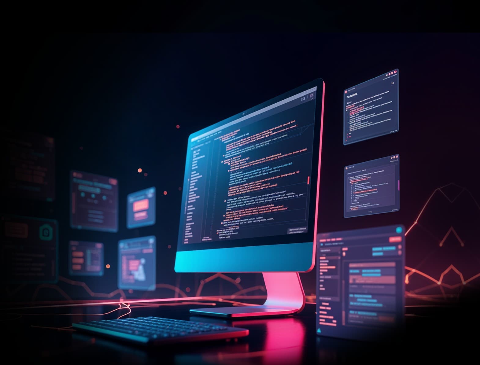 Custom web development for high-performing sites. A desktop showing code, symbolizing safe, interactive web solutions.