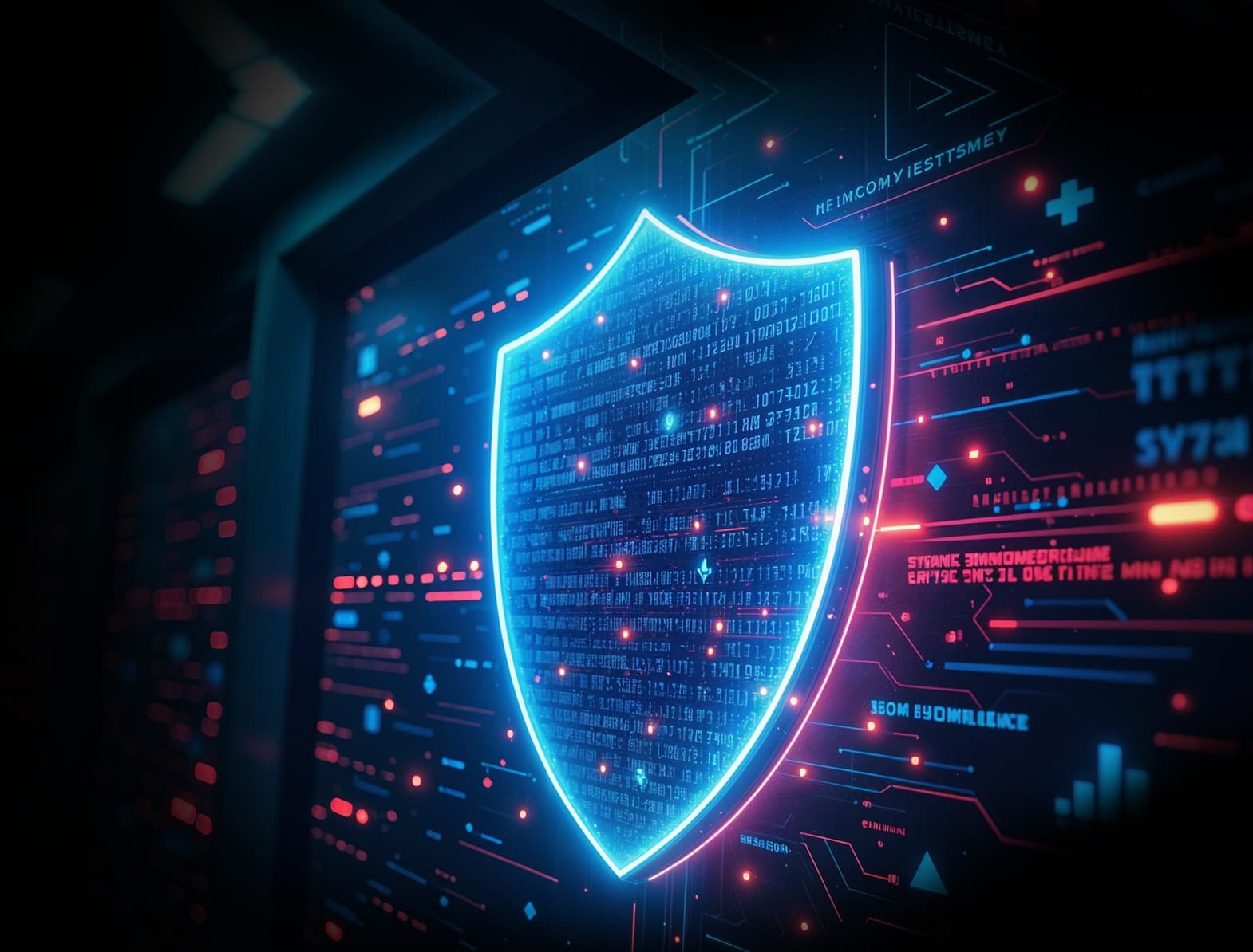 Cybersecurity solutions to protect data. A shield guarding networks, symbolizing threat detection and risk management.