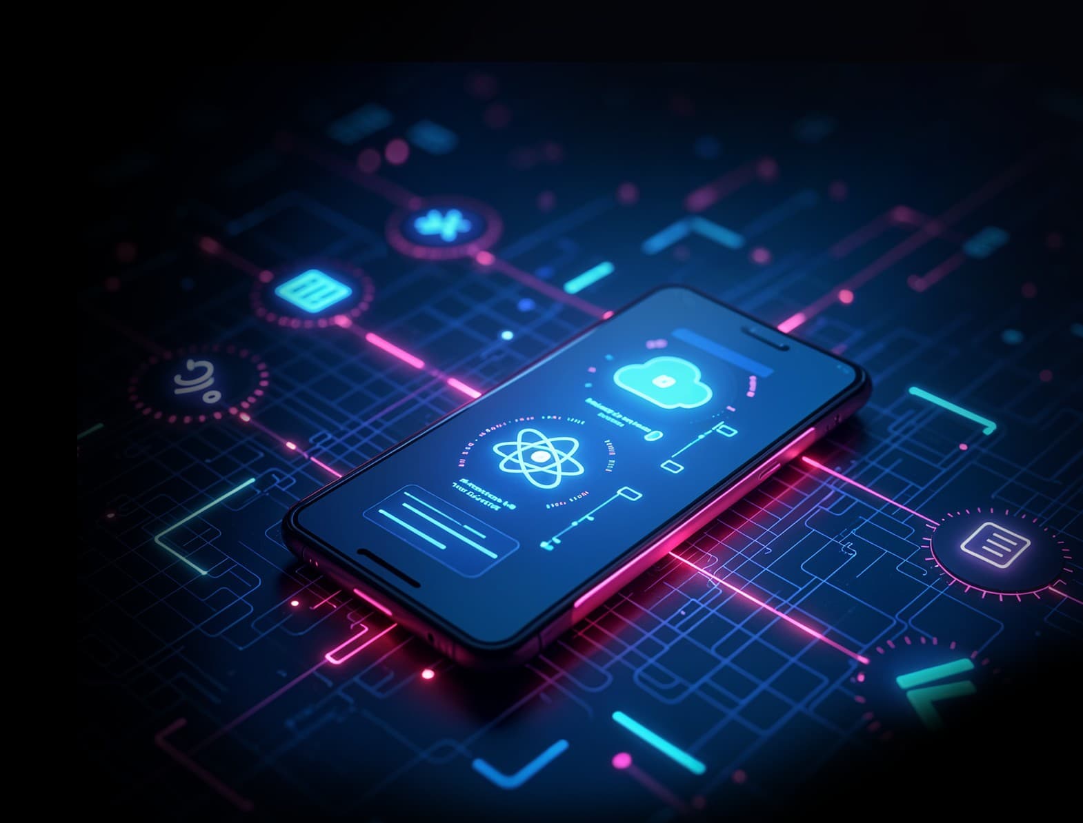 Hybrid App Development for cross-platform solutions. A smartphone showing cloud integration, speed, performance and UX.