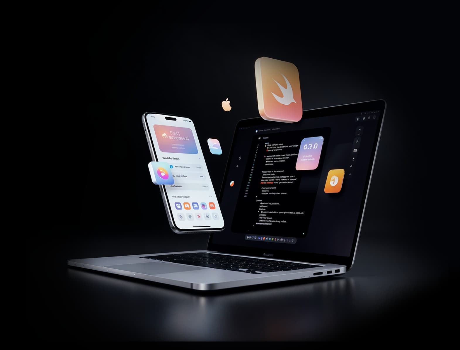 iOS App Development for Apple device. A MacBook and iPhone displaying app interface, symbolizes design and performance.