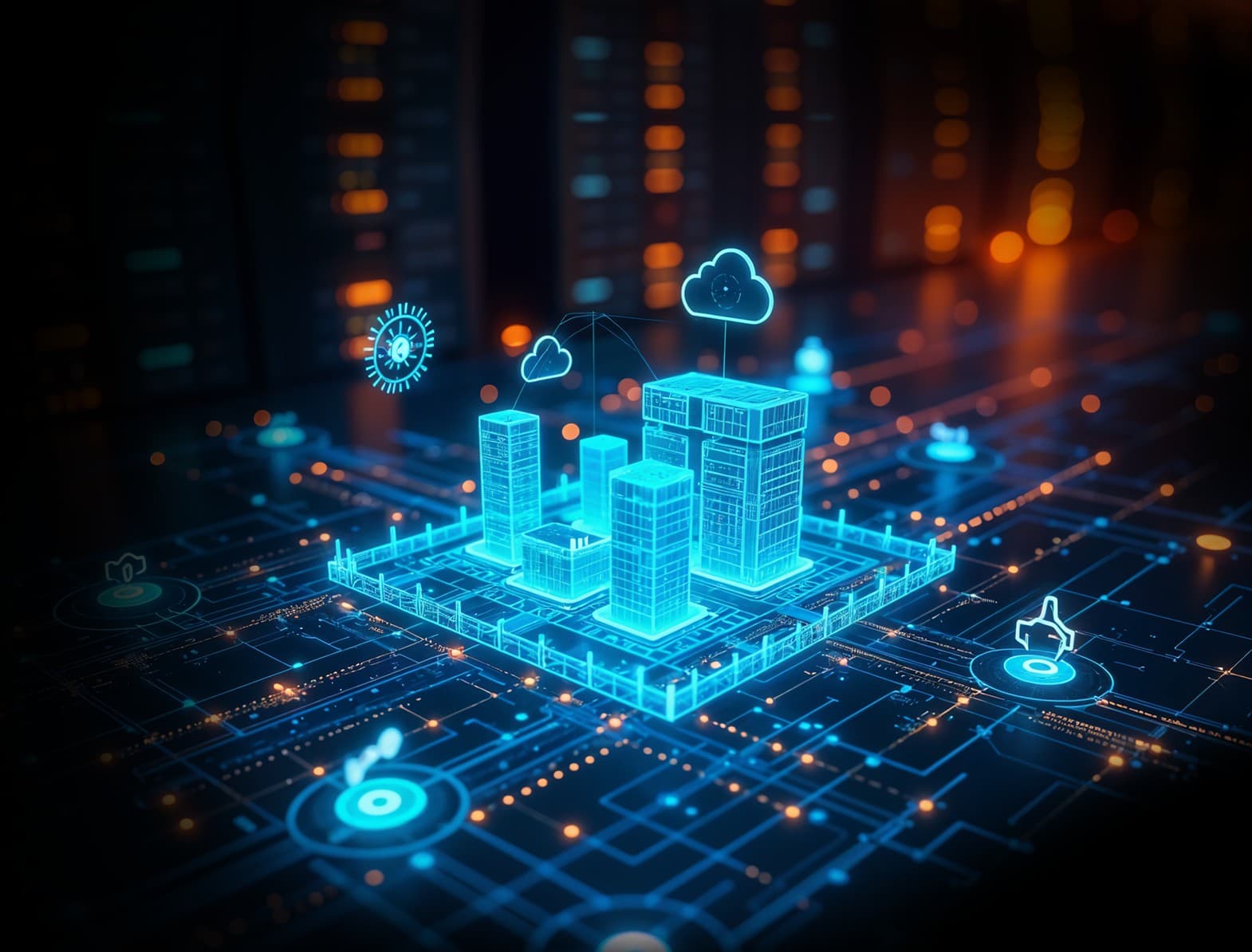 IT Infrastructure Management for growth. A digital model showcasing cloud networking, secure systems and IT efficiency.