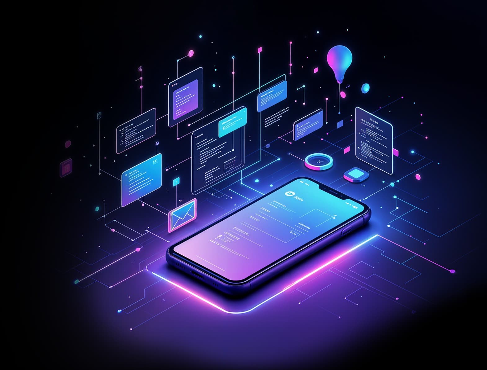 Mobile App Development for seamless UX. A smartphone interface showcasing app UI, connectivity, and innovation.