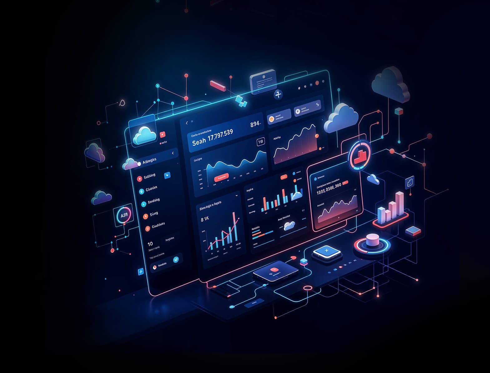SaaS product development with cloud solutions. A dashboard displaying analytics, scalability and software integration.
