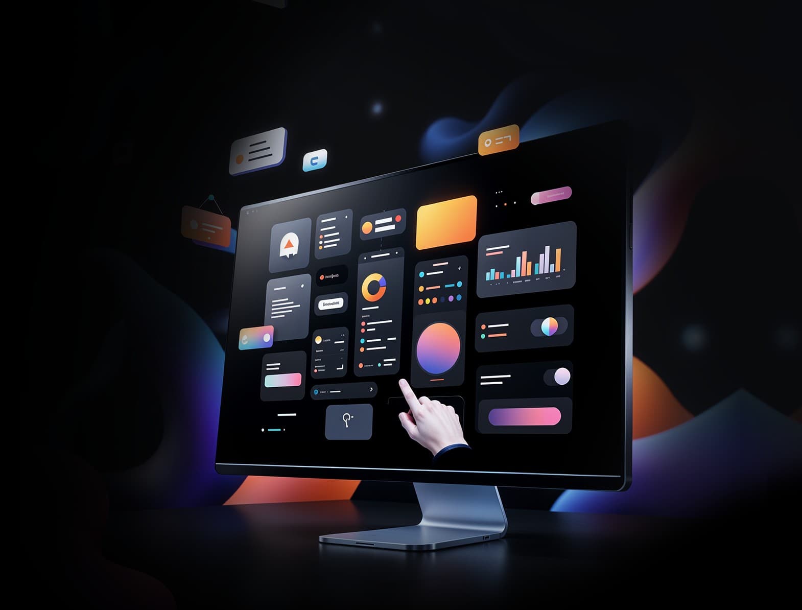 UI/UX design services crafting intuitive, user-friendly experiences. A futuristic interface with interactive elements.