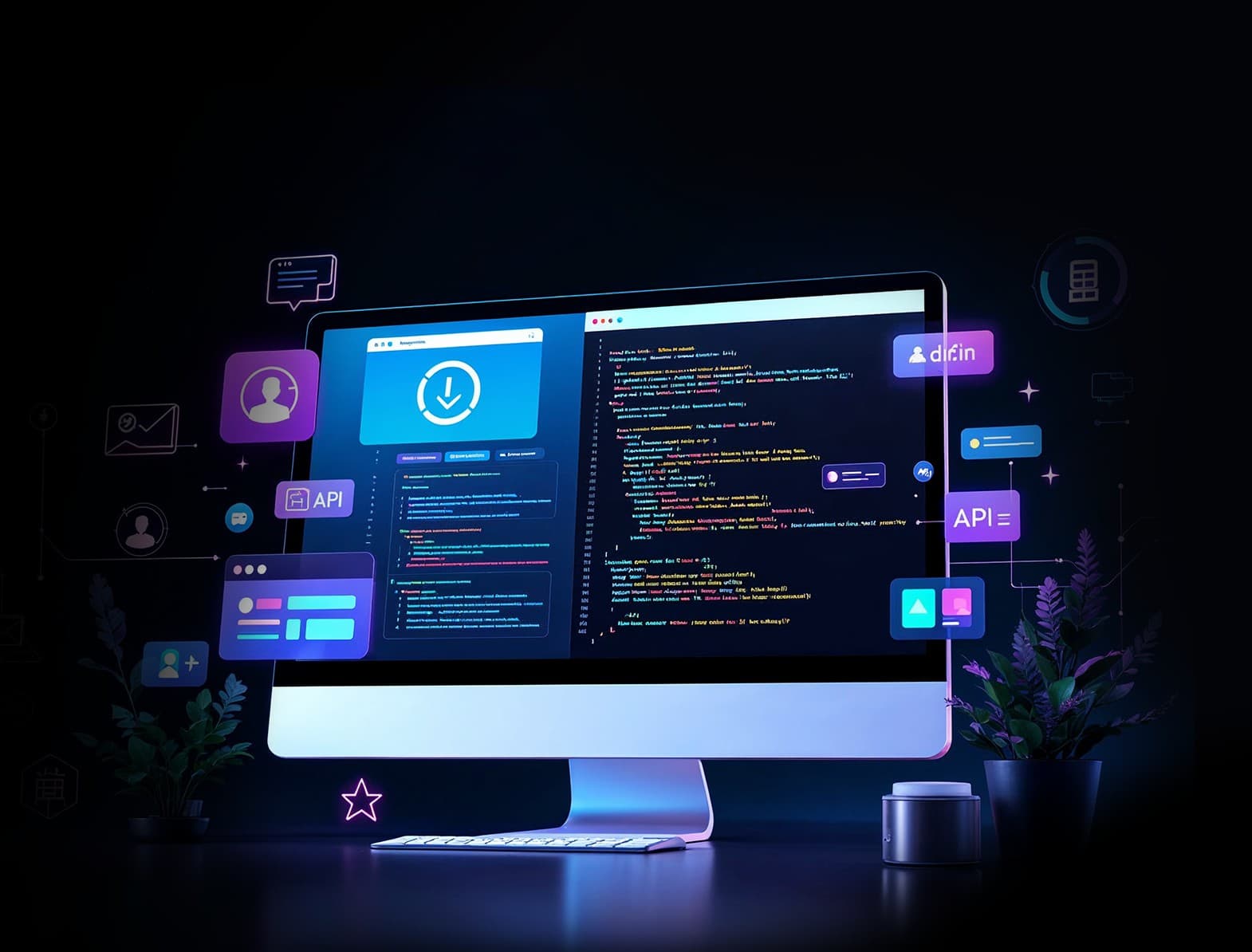 Web app development for secure, scalable, high-performance apps. A futuristic interface showcasing API integration.