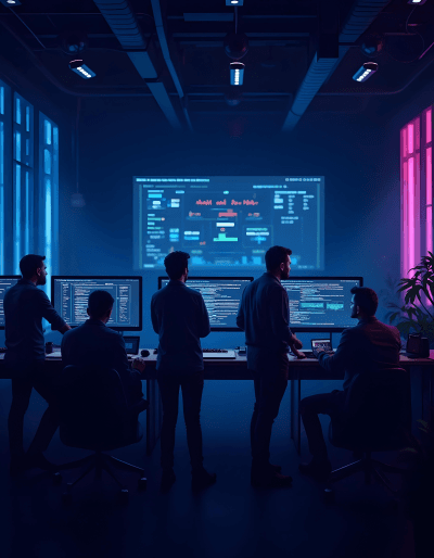 DevOps team collaborating in a modern control room with code dashboards, streamlining CI/CD and deployment pipelines