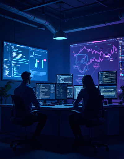 Two engineers monitoring DevOps pipelines and analytics dashboards, enabling streamlined and automated workflows
