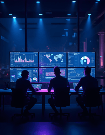 Data analysts reviewing multi-screen dashboards with predictive models and visualizations to drive informed decisions