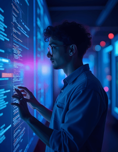 Engineer evaluating code on screen as part of legacy system modernization to upgrade outdated infrastructure
