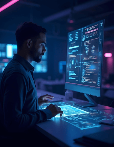 Developer engaged in digital product engineering using futuristic tools to build scalable, user-focused solutions