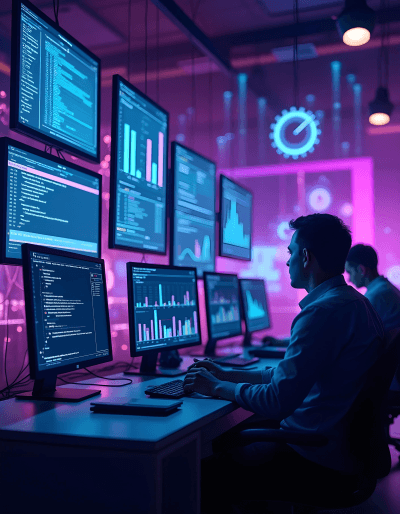 Engineers performing software quality assurance on multiple screens to ensure high performance and bug-free delivery