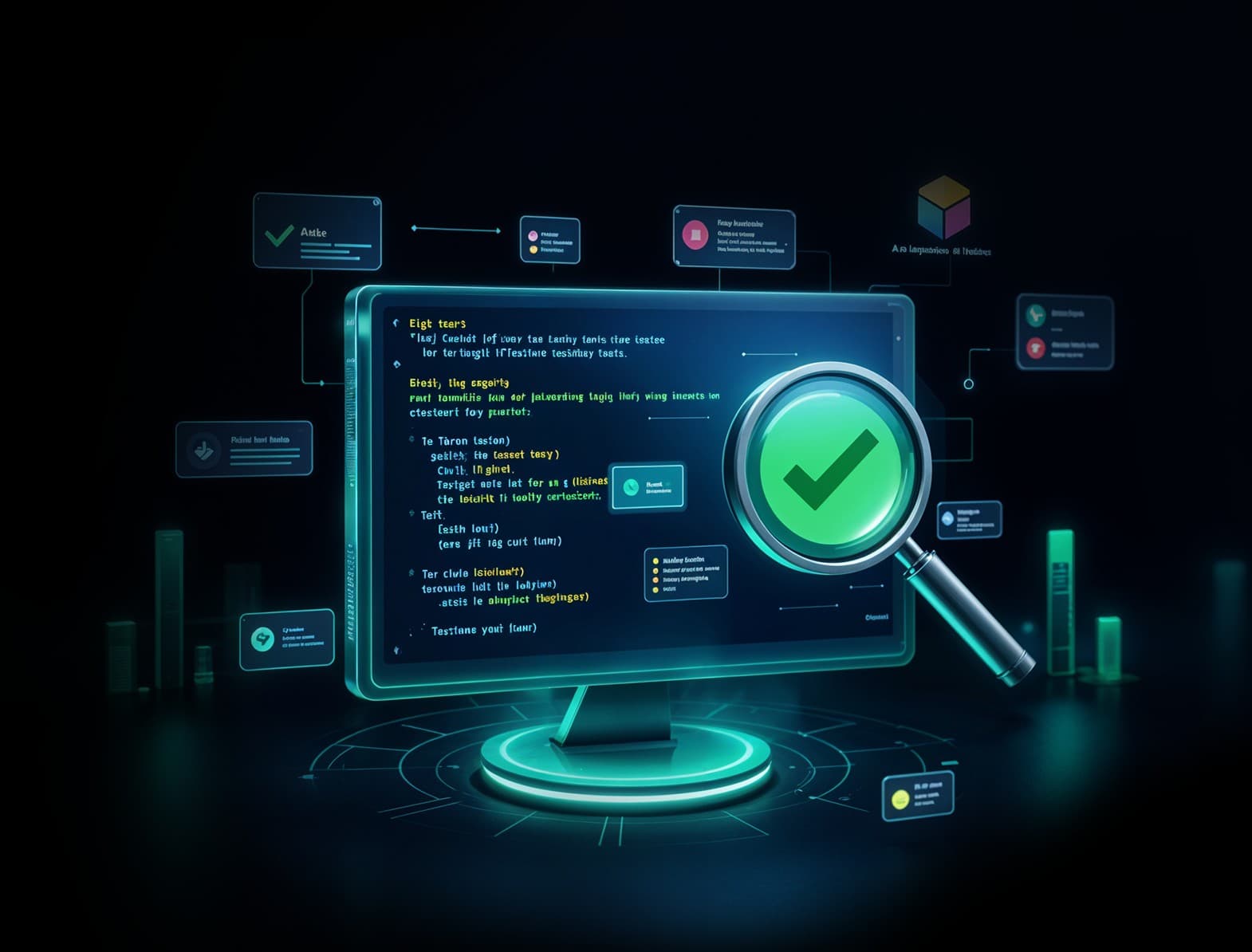 Software Quality Assurance for secure, reliable apps. A digital interface with a magnifying glass for bug detection.
